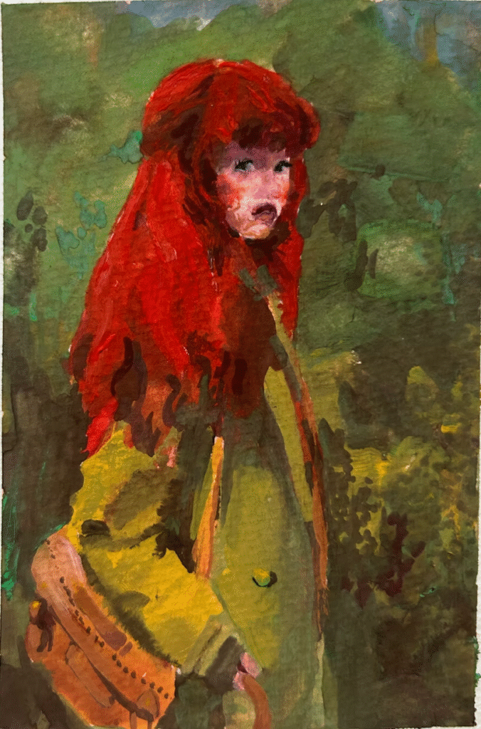 Painting of a red-haired girl in a green coat standing outdoors, surrounded by soft green foliage, with a thoughtful, quiet expression.