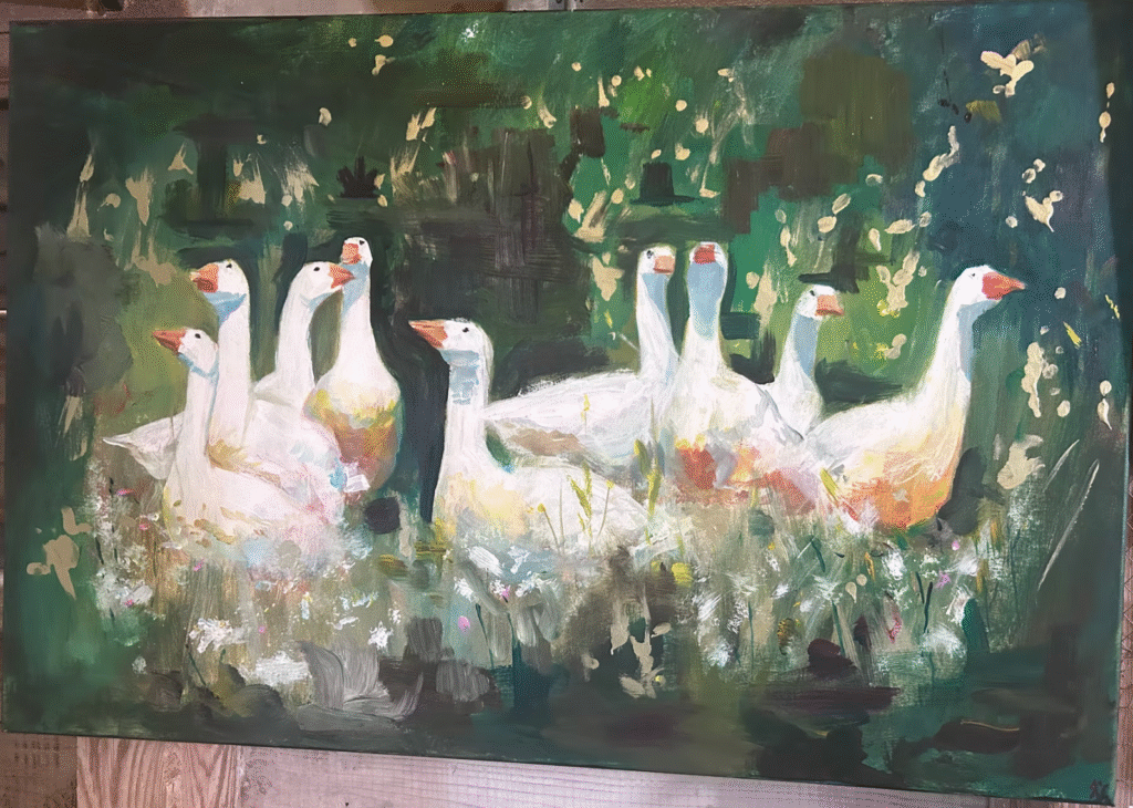 A painting of several white geese standing close together in soft green surroundings, illuminated by warm light.