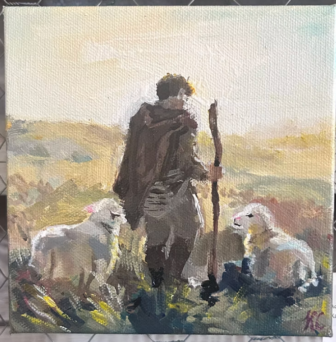 Acrylic painting of a shepherd with two sheep standing in a sunlit field at dawn, painted in soft, warm tones.