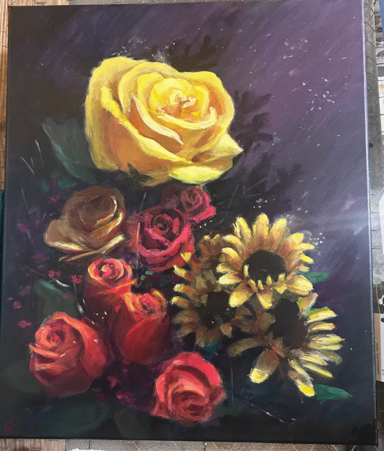 Oil painting of a bouquet with a large yellow rose, several red roses, and two sunflowers on a dark violet background, illuminated by soft golden light.