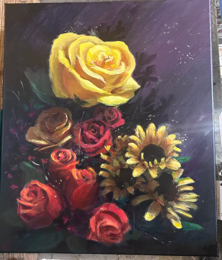 Oil painting of a bouquet with a large yellow rose, several red roses, and two sunflowers on a dark violet background, illuminated by soft golden light.
